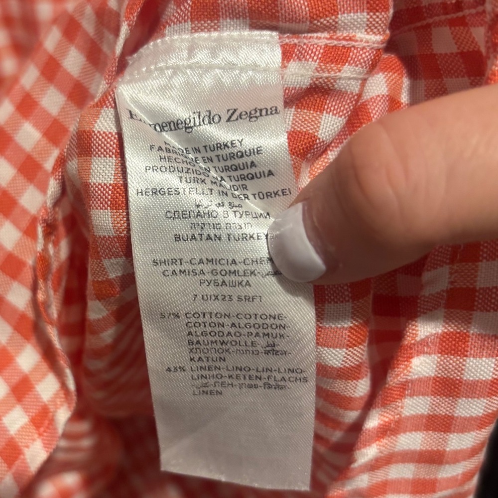 Ermenegildo Zegna Mens Orange Gingham Cotton Linen Button Down Shirt XL - Picture 8 of 9